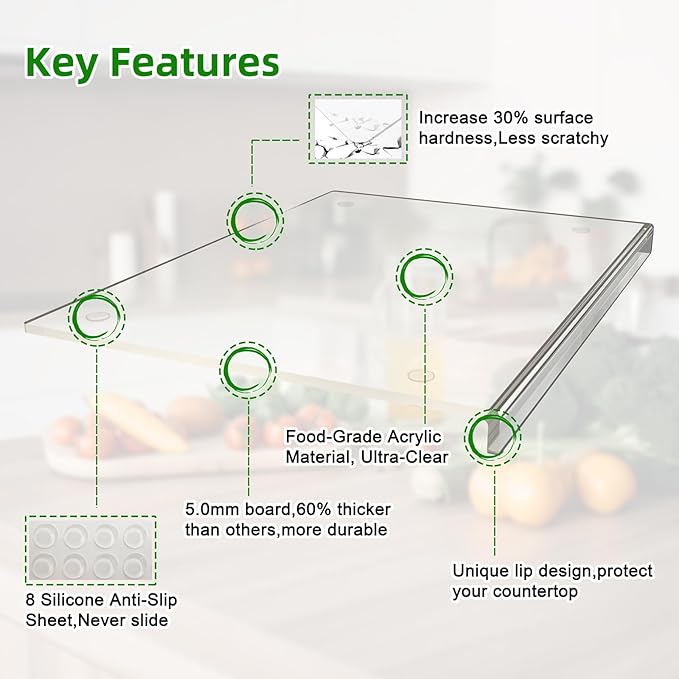 SWSKR Acrylic Cutting Board with Counter Lip,23''x17"Large Clear Cutting Board for Kitchen Countertop,Non-Slip,60% Thicker,Perfect for Bread,Meat,Veggies & More,Great Kitchen Essential Gadgets & Decor