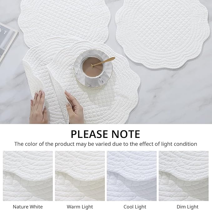 HOMBYS Quilted Placemats Set of 6 Washable Round Placemats for Kitchen Table-100% Cotton Fabric 14 Inch Round Table Mats, Cotton Fabric with Microfiber Filling, (14"x14", Pure White)
