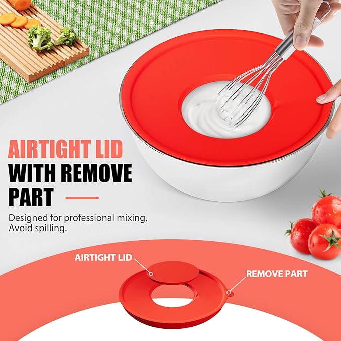 ENVTEK Mixing Bowls with Lids Set, 7 PCS Stainless Steel Mixing Bowls with 3 Grater Attachments, Size 4.5, 4, 3.5, 2.1, 1.5, 1.1, 0.7QT, Ideal for Kitchen Cooking Baking & Serving