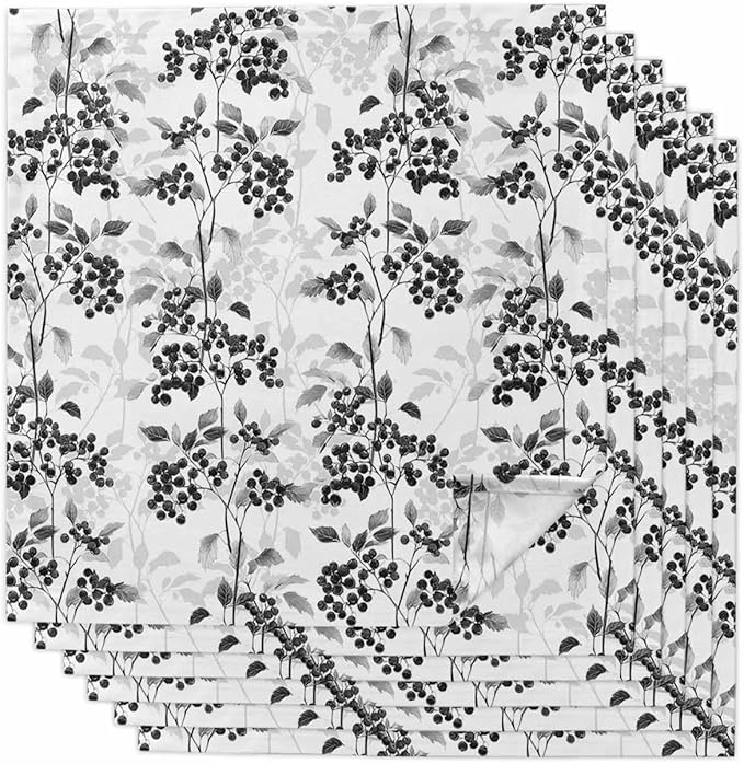 Black Grey Cloth Napkins Set of 6 - Washable Dinner Napkins Reusable Table Napkins for Home Party Weeding Dining Table Setting Decoration,Oversized 20"x20" Spring Modern Herb Wildflower Floral Plant