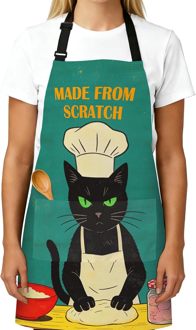 Funny Aprons for Women, Cat Mom Gifts, Made from Scratch Aprons for Women with Pockets