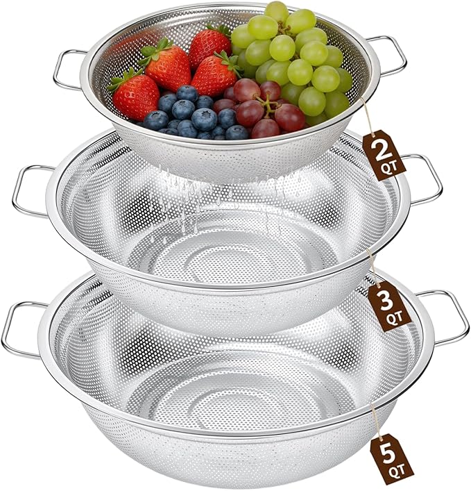 Colander Set of 3, Stainless Steel Micro-Perforated Colanders Strainers for Draining Rinsing Washing, Ideal for Pasta Vegetables Fruits, Heavy Duty & Dishwasher Safe