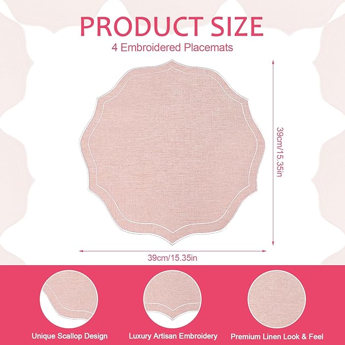 Set of 8 Cotton Linen Placemats, 15x15 Round Scalloped Cloth Table Mats, Embroidery Machine Washable, Wrinkle Resistance Fabric Place Mats for Wedding Summer Baby Shower Party Table Decor-Pink