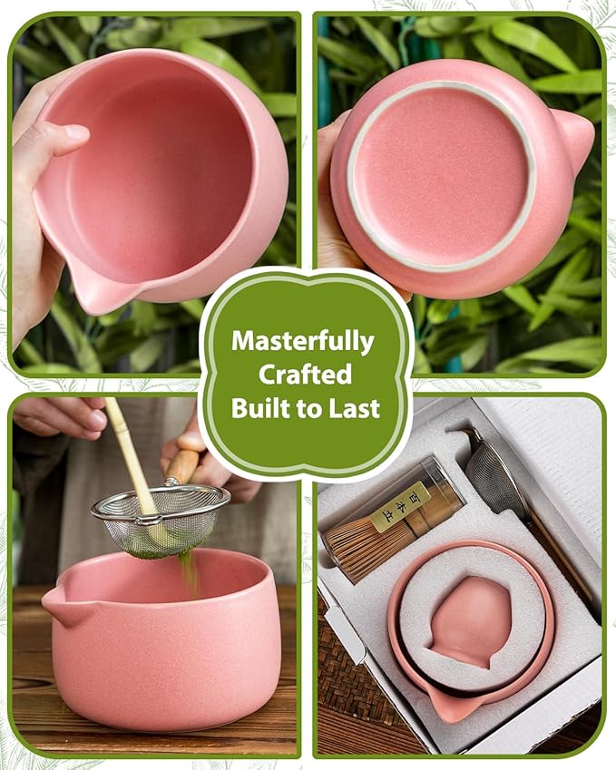 20OZ Matcha Whisk Set - 5PCS Matcha Set Includes Macha Bowl with Spout, Bamboo Whisk with Ceramic Holder, Bamboo Scoop and Sifter, Matcha Kit for Ceremony, Gift for Matcha Lovers (Blush Pink)