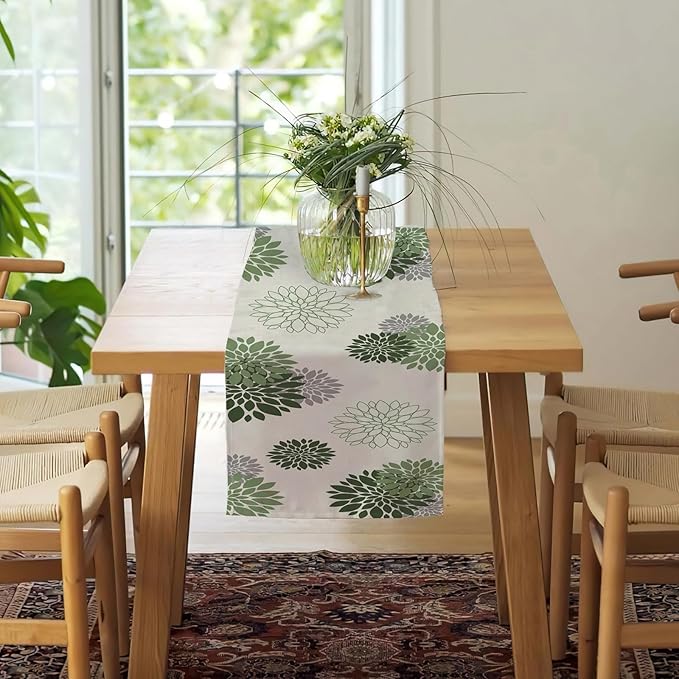 Sage Green Gray Table Runner Dahlia Pinnata Flower Beige Table Runners Modern Elegant Pompon Farmhouse Geometric Table Center Decor for Girls Room Dining Party Patio (13 x 72 Inch)