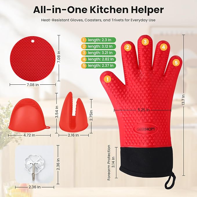 GEEKHOM 8PCS Extreme Heat Resistant Silicone BBQ & Oven Gloves Set to 446°F with Mitts, Trivet, Grips, Hooks for Grilling & Baking