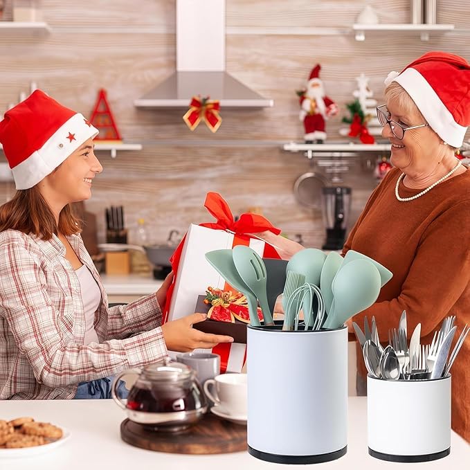 LIBODOUR Kitchen Utensil Holder Extra Large Rotating For Counter Organizer Stainless Steel Storage Cooking Silverware Caddy 3 Compartment Flatware Spoon Spatula Tool Cutlery Container(2 Set White)