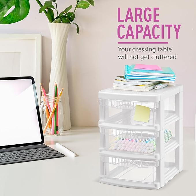 Tribello 3 Drawer Plastic Storage, Mini Drawer Unit, White Frame With Clear Drawers for Craft Storage - 8.5"L X 7"W X10"H Inches - (1 Pack)