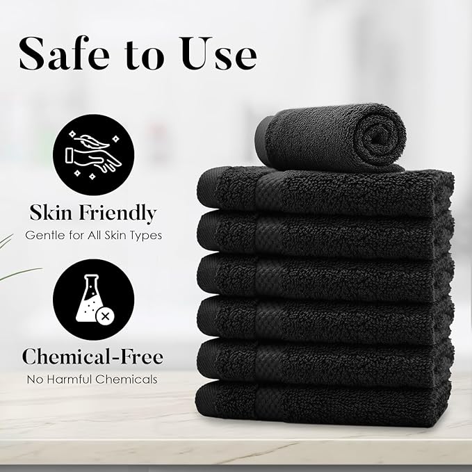 DAN RIVER 12-Pack Premium 100% Cotton Black Face Towels for Bathroom - Reusable Face Wash Cloths for Showering 12x12 Inches - 550 GSM Super Soft & Absorbent Luxury WashCloths for Body, Spa & Gym
