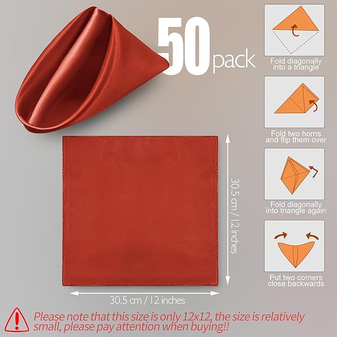 Manyshofu 50 Pieces Rust Satin Napkins - 12x12 Inches Cloth Napkins, Square Satin Fabric Napkin Set - Elegant & Smooth Table Napkins for Wedding Dinner Party Lunch Banquet Restaurant Decoration