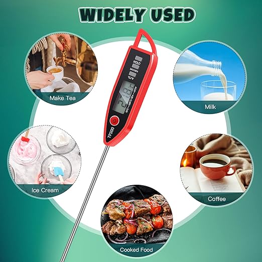 Copkim Instant Read Meat Thermometer with Long Probe 9.65 Inch Kitchen Cooking Food Candy Waterproof Digital Thermometer for BBQ Water Milk Yogurt Liquid(Pointed,Red)