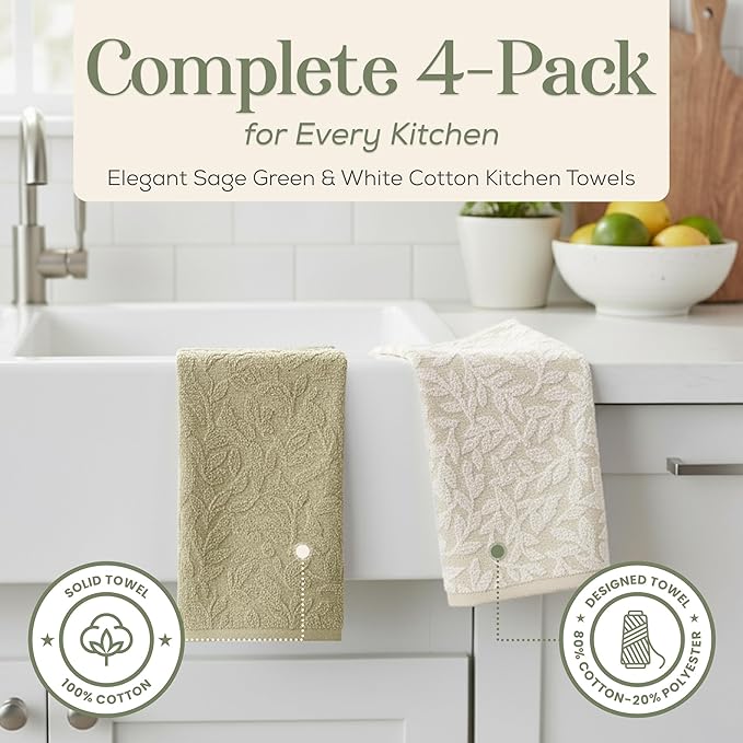 MosJos 4 Pack Hand Towels, Cotton Sage Green and White Floral Kitchen Towel, Soft and Absorbent Hand Drying Towels 18 x 28