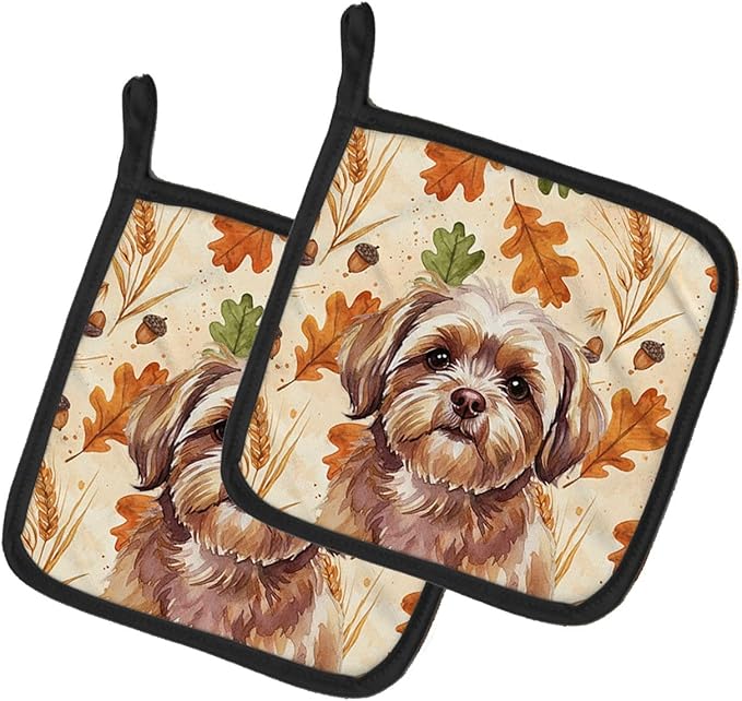 Caroline's Treasures Liver Shih Tzu Heirloom Fall Pair of Pot Holders Pair 7.5x7.5 Quilted Insulated Hot Pads Decorative Kitchen Gift Made in USA