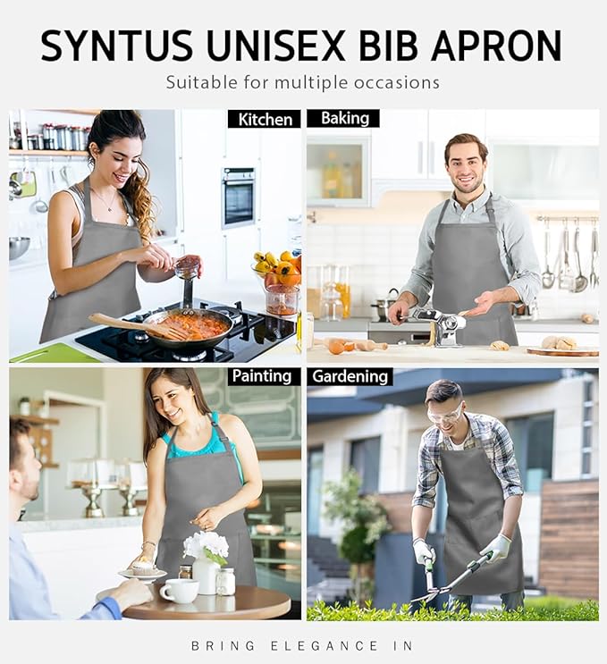 Syntus Apron for Men Women, Adjustable Cooking Kitchen Chef Aprons with 2 Pockets, Cotton/Polycotton/Polyester