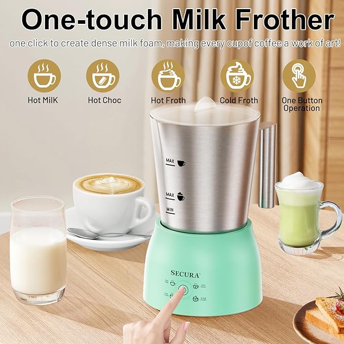 Secura Detachable Milk Frother and Steamer, 17 oz Electric Milk Warmer, 4-in-1 Hot/Cold Foam Maker, Teflon-Free Stainless Steel Jug, Dishwasher Safe for Latte, Macchiato, Hot Chocolate (Green)