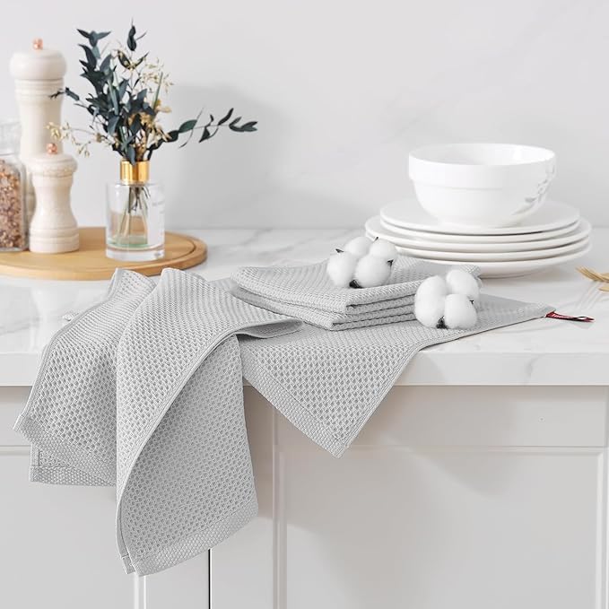 Kitinjoy 100% Cotton Kitchen Towels and Dishcloths Set, 12 Pack-13" x 28" and 12" x 12" Waffle Weave Dish Towels, Ultra Soft Absorbent Quick Drying Dish Rags, Light Grey