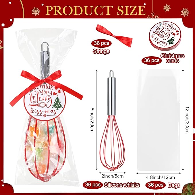 FoldTier 36 Sets 8 Inch Christmas Whisks Gifts DIY Fillable Christmas Tree Ornaments Xmas Colored Silicone Whisks for Cooking Heat Resistant Egg Beaters with Card Rope Bag for Candy Holder