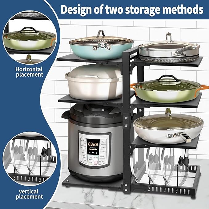 Pot Rack Organizers：CASONNIK 6+1-Tier Adjustable Heavy Duty Pan Organizer for Cabinet ，Multiple Use Modes，Pot Rack & Pan Rack for Kitchen Counter and Cabinet