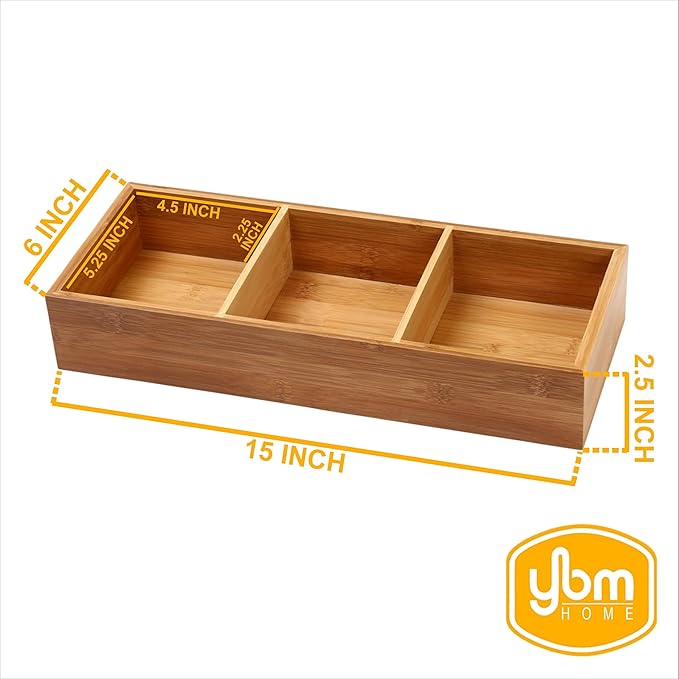 YBM HOME 3-Compartment Bamboo Drawer Organizer Box Multi-Use Storage for Junk Drawer, Office, Home, Kitchen, Bedroom, Children Room, Craft, Sewing, and Bathroom, 6x15x2.5 Inch