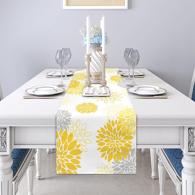 Dahlia Flower Table Runner 13x90 Inch Farmhouse Yellow Gray Runners Modern Table Decorations Rustic Geometric Coffee Table Runner for Home Kitchen Dining Room Party (13"x90", Dahlia Floral-Yellow)