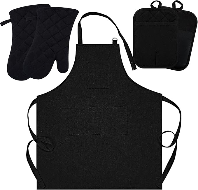 Oven Mitts and Pot Holders with Cooking Apron Set of 5, Heat Resistant Kitchen Gloves and Silicone Non-Slip Potholders, Adjustable Neck Buckle Chef Apron, Cotton Nice Design for Cooking (Black)…