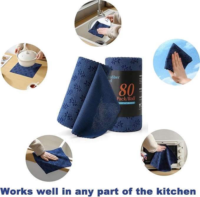 Microfiber Cleaning Cloth Roll,80 Pack Cleaning Towels,Lint Free Rags Paper Towels & Tear Away Reusable Towels,Washable Shop Rags Floral Wipe Cloth,Wash Cloths Dish Rags for Car Kitchen Window