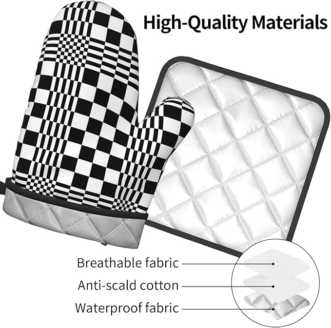 Black and White Optical Illusion Checkered Oven Mitt & Pot Holder Set (3-Piece) - Heat Resistant Non-Slip Kitchen Gloves Gift for Cooking Enthusiasts, Modern Kitchen Decor for Baking Grilling, Black