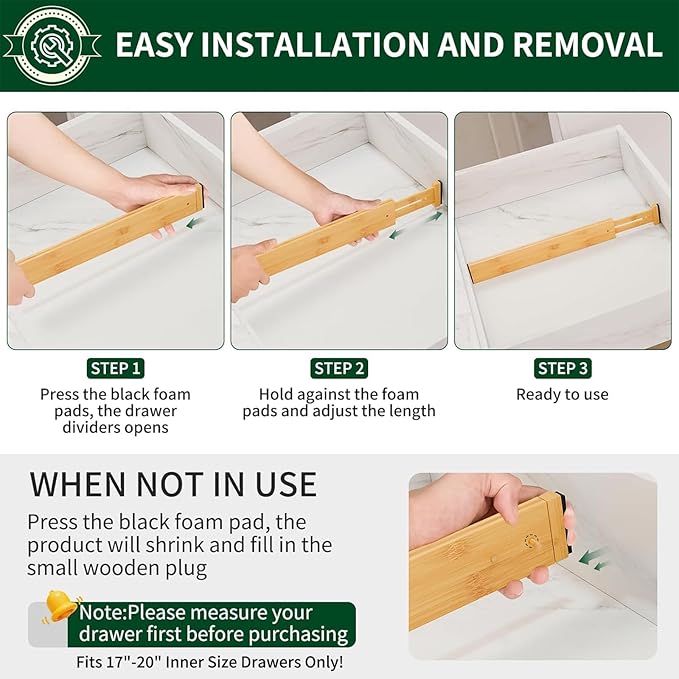 Dunruz 4 Pack Bamboo Drawer Dividers 2.6" High,Adjustable Spring Loaded Clothes Drawer Organizers for Kitchen, Dresser, Bathroom, Bedroom and Office