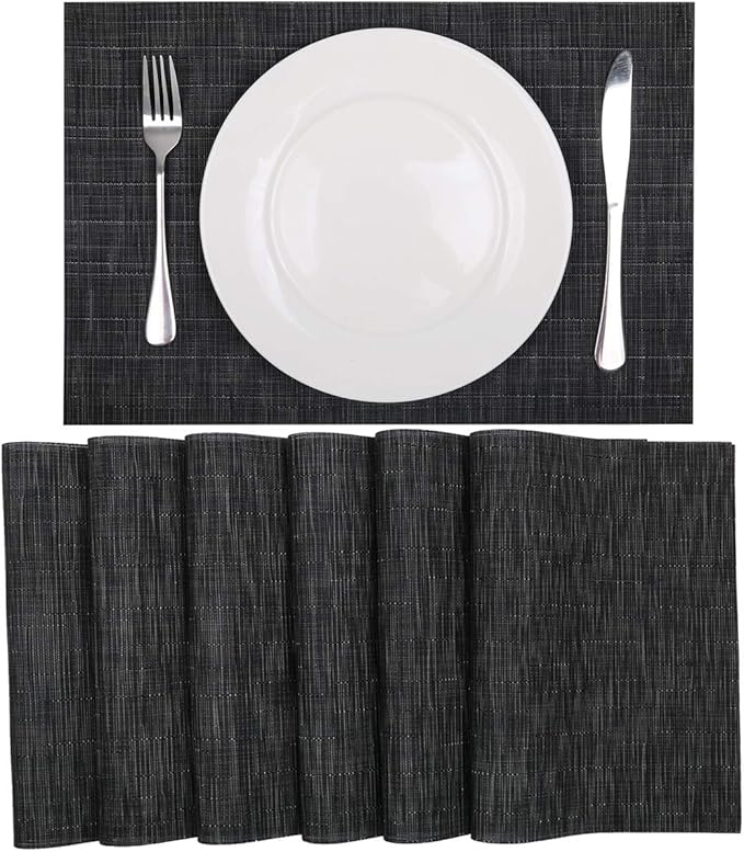 SHACOS Placemats Set of 6 Woven Vinyl Place Mats for Dining Table Wipe Clean Stain Resistant Table Mats Indoor Outdoor (6, Black)