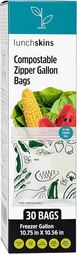 Lunchskins Ziptop Home Compostable & Resealable Freezer-Safe Food Storage Bags, Gallon Size, 30 Bags - Eco-Friendly, Made Without PFAS and BPAS