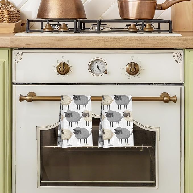 2 Pcs Sheep Kitchen Towels, White Sheep Soft Absorbent Tea Hand Towel, Microfiber Dish Cloths for Drying Dishes, Waffle Dish Towels for Kitchen Bathroom Home Decor, Farmhouse Gifts for Women Mom