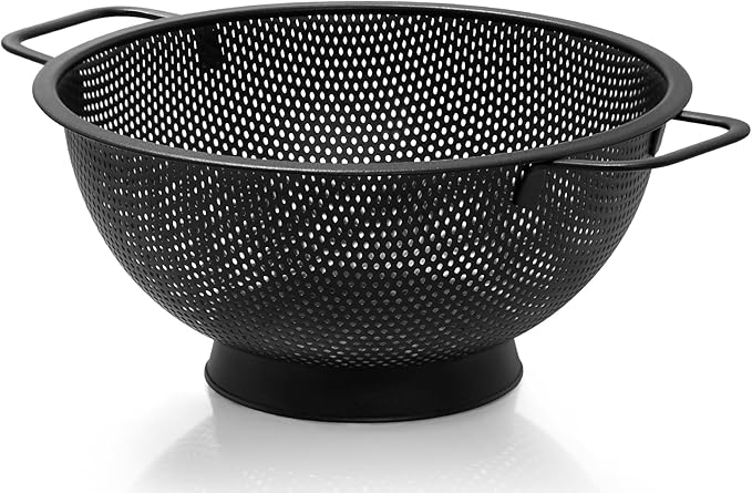 Black Colander for Kitchen, 5QT, Stainless Steel Pasta Strainer with Handle, Pasta Strainer for Fruits Vegetables Cooking Food, Dishwasher Safe