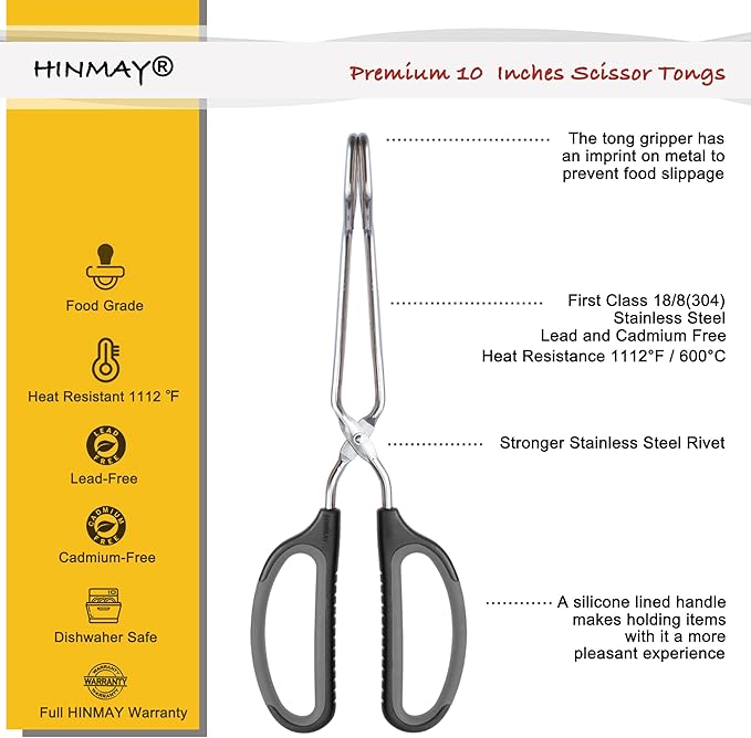 HINMAY Scissor Tongs 10-Inch Stainless Steel Scissor Style Tongs (Black Handle)