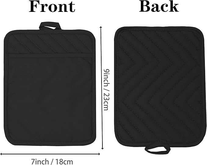 Oven Pot Holder with Pocket Cotton Heat Resistant Coaster Potholder Kitchen Hot Pad Oven Mitts for Cooking Square 7"x9" Set of 3 (Black)