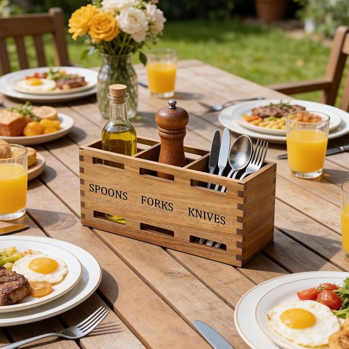 Farmhouse Wooden Silverware Caddy Party Flatware Cutlery Holder Acacia Wood Utensils Holders for Kitchen Counter Cutlery Silverware Organizer Table Spoon and Fork Holder Flatware Utensil Caddy