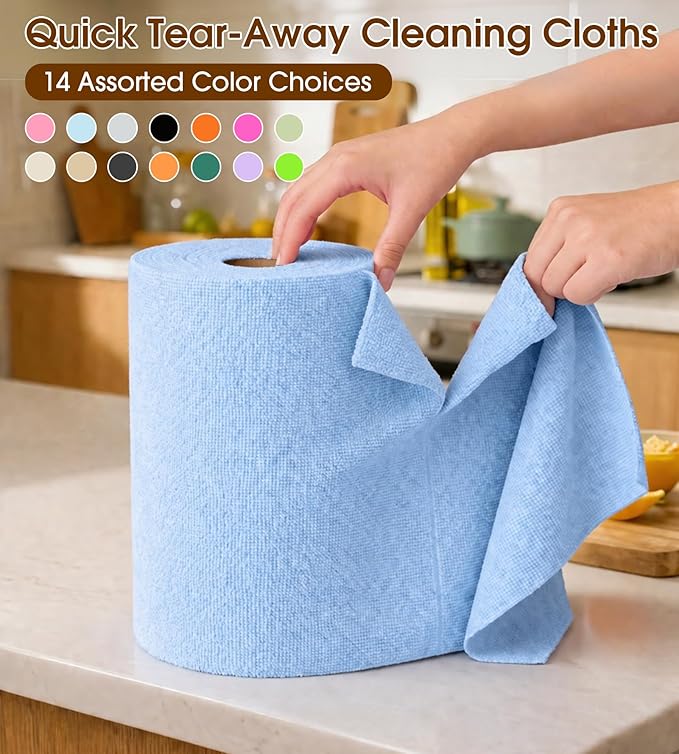 KitchLife Microfiber Cleaning Cloth Roll, 200 Pack - Tear-Away Microfiber Paper Towels, Lint-Free, Reusable, Washable for Kitchen, Car, Dishes, and Sensitive Surfaces (Blue)