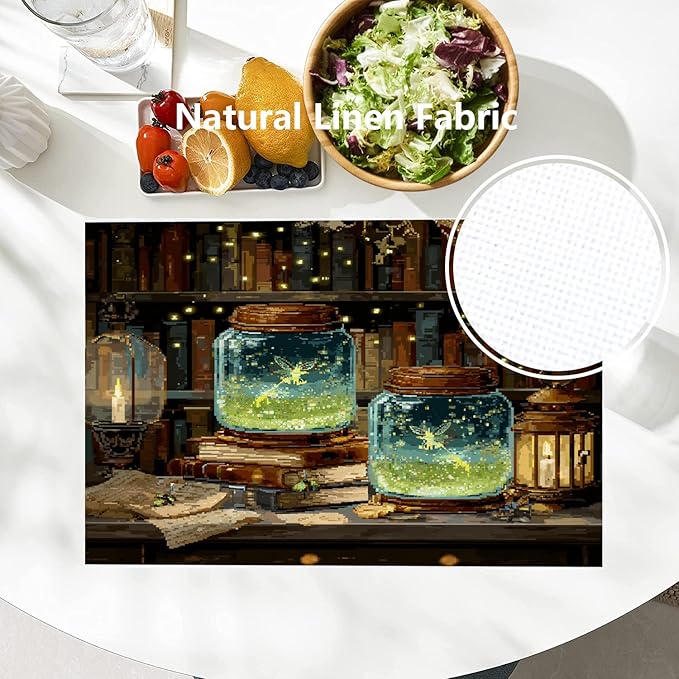 Batmerry Enchanted Library Fairies Placemats, Magical Jars with Fairies Washable Linen Table Mats for Kitchen Table Double Insulation Decor Dining Set Indoor Outdoor 12X18 in Set of 4
