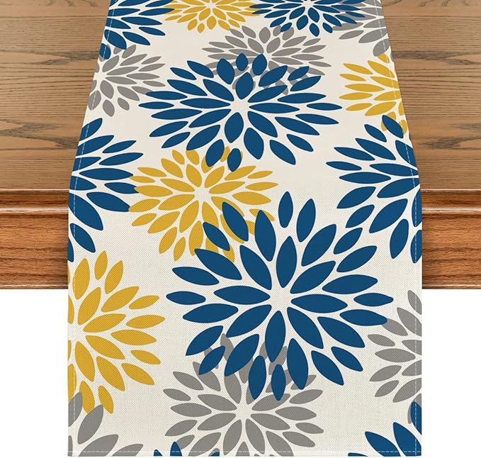 Artoid Mode Blue Dahlia Floral Pinnata Summer Table Runner, Spring Kitchen Dining Table Decoration for Home Party Decor 13x36 Inch