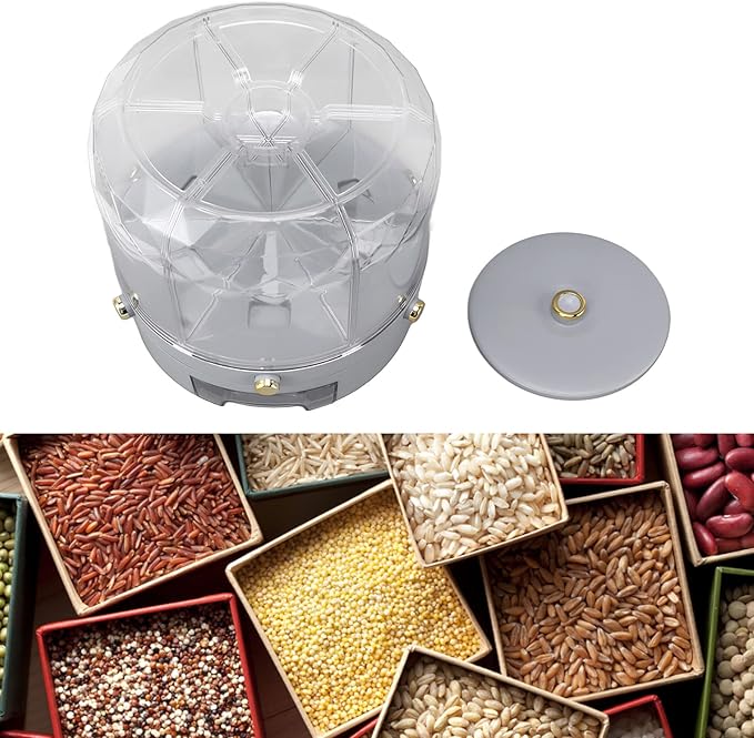 Grain Storage Container Rotatable Rice Dispenser Box 6 Grid Grain Dispenser 360 Degree Rotating Food Dispenser Cereal Dispenser Countertop for Beans Rice Grains(grey)