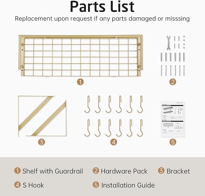 KES 30-Inch Gold Pot Rack, Wall Mounted Hanging Pot and Pan Organizer with 12 Sturdy Hooks, Elegant Modern Kitchen Wall Hanger Shelves, KUR215S75A-GD