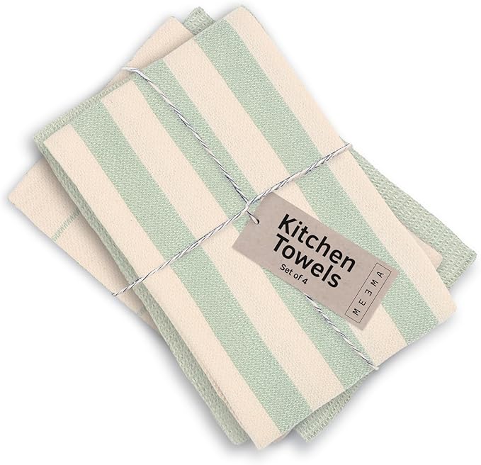 MEEMA Upcycled Spring Kitchen Towels Cotton Fabric | Super Absorbent Hand Towels with Hanging Loop | Cleaning Rags and Dish Towels for Kitchen | Sage Green Stripes | Large 18 x 28 Inch | 4-Pack