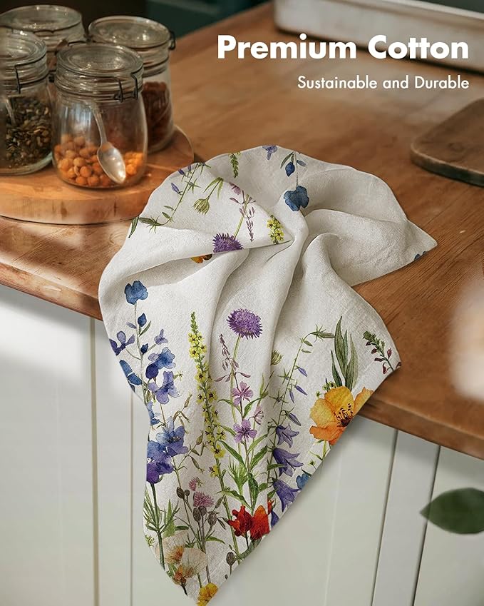Miss Adola Flour Sack Kitchen Towels - Set of 2 Cotton Dish Towels with Hanging Loop Decorative 18x26 Inch Absorbent Cute Design for Housewarming Gifts, Floral Leaf