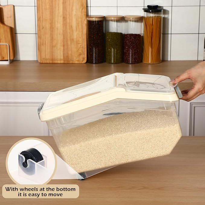 Sunnyray 4 Pcs Rice Storage Containers Bulk Flour Sugar Container Wheels Measuring Cups Set Airtight Pet Dog Cat Birds Food Bin Grain Cereal Organizer Box for Dry Baking(Beige,22 lb)