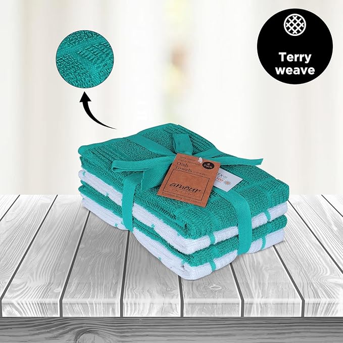 AMOUR INFINI Kitchen Towels Pack of 4, Terry Cotton Dish Towels, Ultra Absorbent, Quick Drying Hand & Tea Towels, Soft Durable Cleaning Cloths with Hanging Loop, 16 x 26 Inch (Teal)
