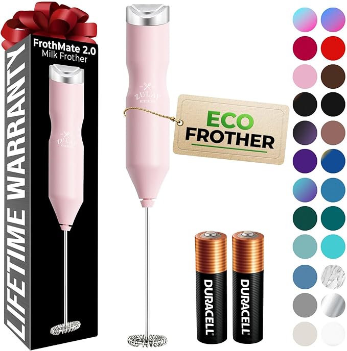 Zulay Kitchen Powerful Frother Wand AA Batteries Included, Ultra Fast Handheld Drink Mixer, Comfort Milk Frother, Stainless Steel Whisker, Frother Handheld for Coffee, Protein & Matcha - Frothmate 2.0