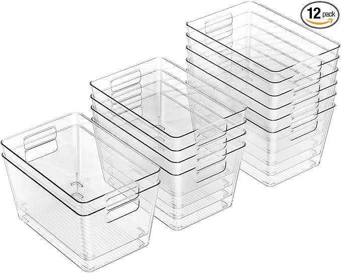 12 Pack Clear Plastic Storage Bins, 11" Large Pantry Organizer Bins with Handles, Plastic Containers for Refrigerator,BPA-Free Perfect for Kitchen,Fridge,Cabinet,Pantry,Bathroom,Closet Organization