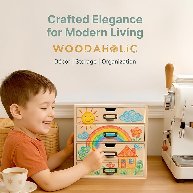 DIY Wooden Desk Organizer with Drawers – Unfinished 4-Drawer Desktop Storage Box – Personalizable Wood Desk Organizer for Crafts, Office, or Home – Compact Wooden Storage Drawers Ready to Decorate