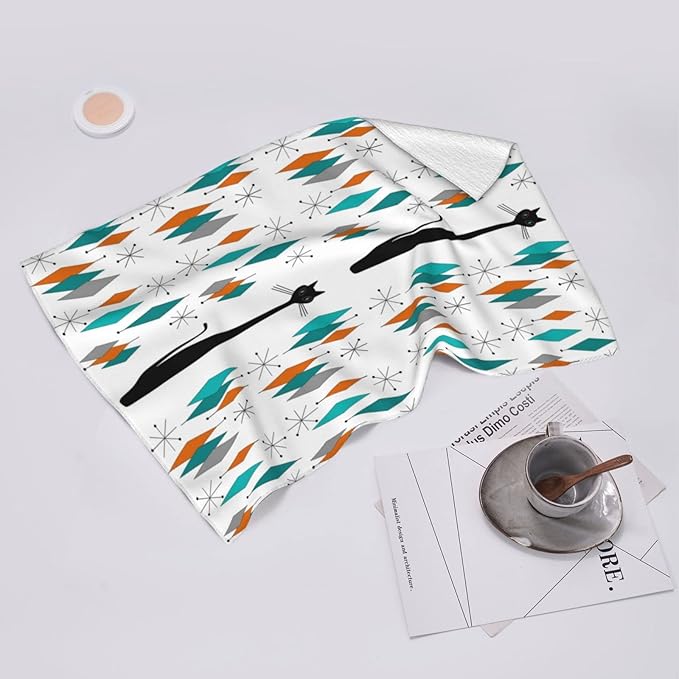 Mid Century Modern with Black Cat Kitchen Dish Towels 16"x24" Soft Absorbent Retro Hand Tea Towels for Kitchen Cooking Baking Farmhouse Bathroom Home Decor 2 Pieces