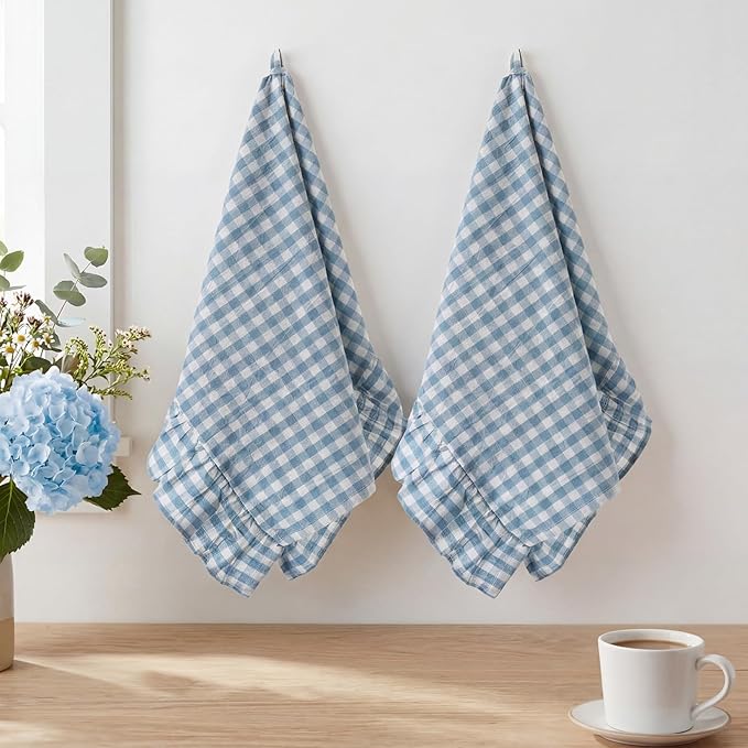 HunnmingRe Kitchen Towels Set of 2, 100% Cotton Ruffled Gingham Dish Towels 18"x28" Absorbent Tea Cloths Classic Plaid Pattern for Farmhouse Charm, Drying Dishes, Entertaining Guests(Blue)
