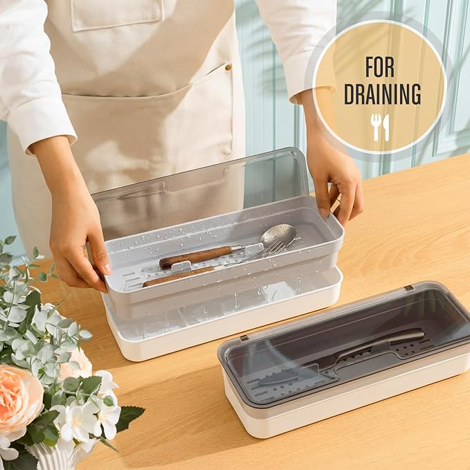 LemonRoad 2 Pcs Plastic Kitchen Drawer Organizer with Lid and Drainer, Utensil Organizer, Gray Flatware Storage Box and Drain Rack Suitable for Home Kitchen, Spoons, Forks, Knive, Silverware Flatware